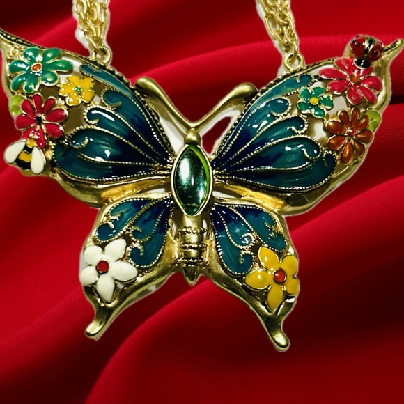 Butterfly Enamel Statement Necklace Large Pendant - Picture 2 of 10
